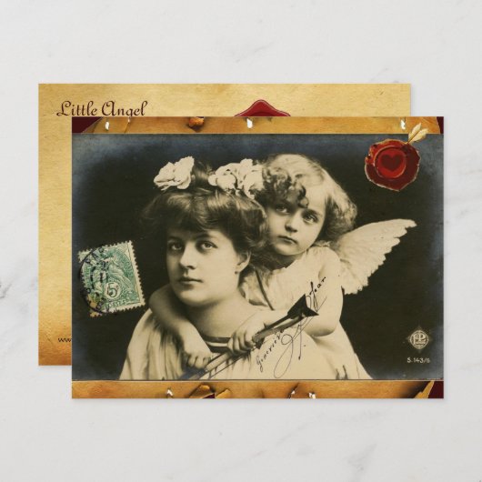 女性WITH CUPID、赤いハートのワックスのシールのバレンタインデー シーズンポストカード (正面/裏面)