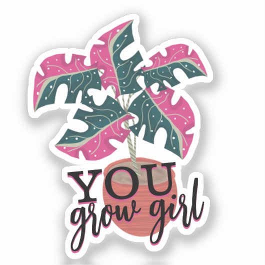 女手描きモンステラ植物を成長 シール (正面)