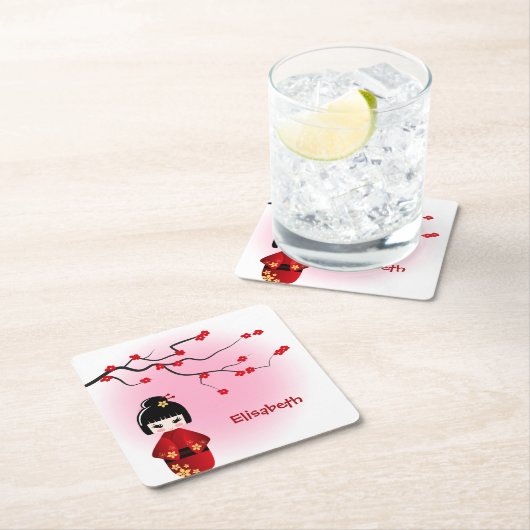 女日本のの子名のこけし桜 スクエアペーパーコースター (インサイチュ)