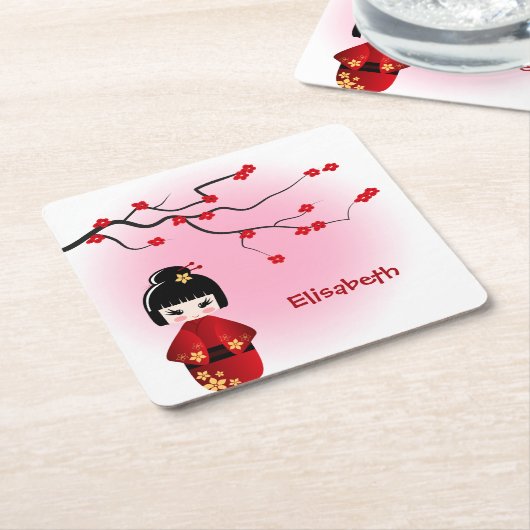 女日本のの子名のこけし桜 スクエアペーパーコースター (アングル)
