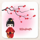 女日本のの子名のこけし桜 スクエアペーパーコースター (正面)