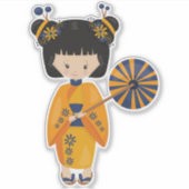 女日本のの子，日本，かわいい女の子，オレンジ色の着物 シール (正面)