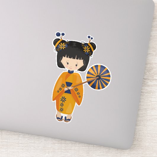 女日本のの子，日本，かわいい女の子，オレンジ色の着物 シール (詳細)