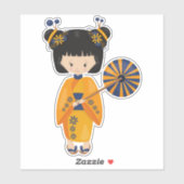 女日本のの子，日本，かわいい女の子，オレンジ色の着物 シール (シート)