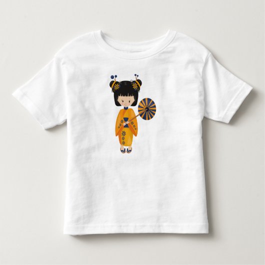 女日本のの子，日本，かわいい女の子，オレンジ色の着物 トドラーTシャツ (正面)