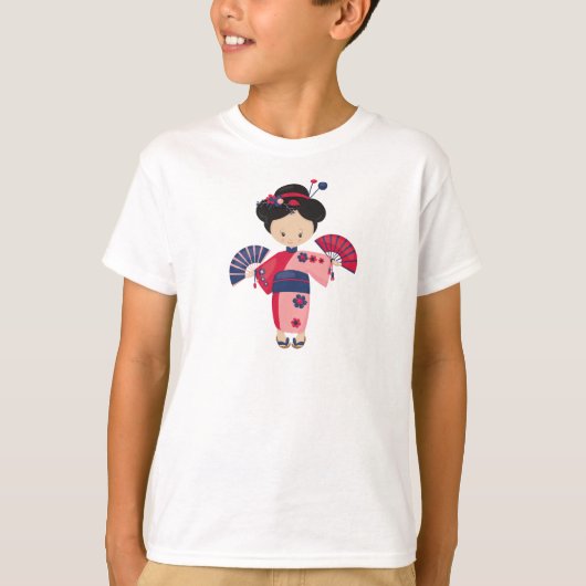 女日本のの子,日本,かわいい女の子,ピンクの着物 Tシャツ (正面)