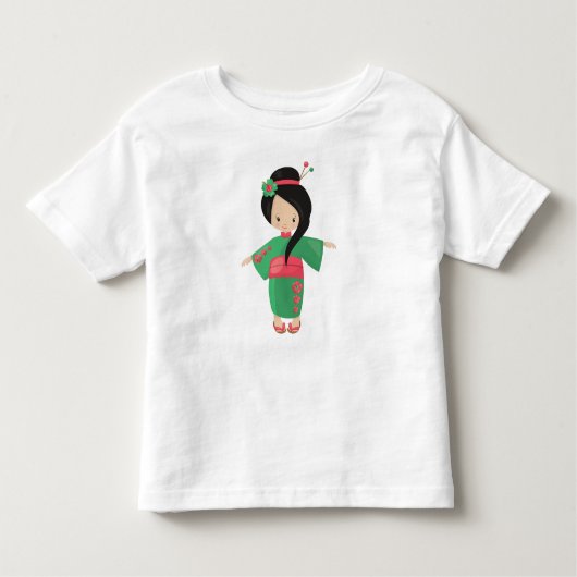 女日本のの子，日本，かわいい女の子，緑の着物 トドラーTシャツ (正面)