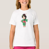 女日本のの子，日本，かわいい女の子，緑の着物 Tシャツ (正面)