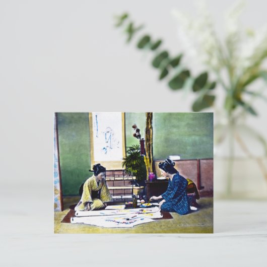 女日本の人絵画の着物伝統的 ポストカード (スタンド正面)