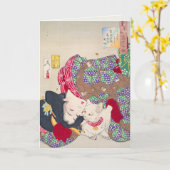 女日本の猫アート – 太祖芳年 –  カード (黄色い花)