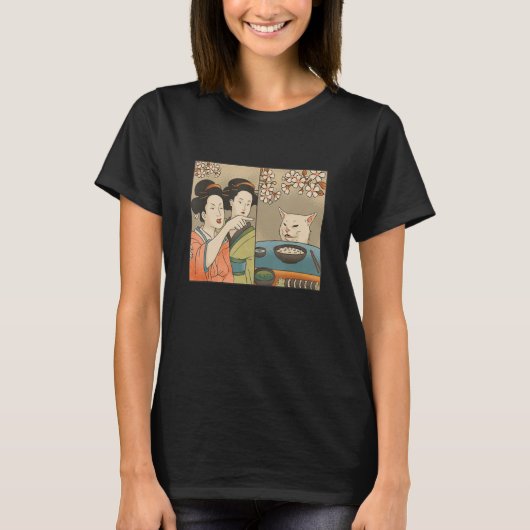 女日本の猫ミーム不機嫌叫び Tシャツ (正面)