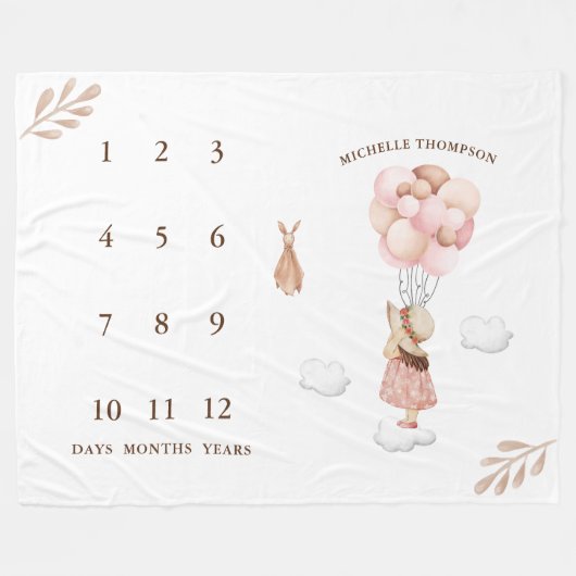 女水彩赤ちゃんシャワー飛んでいる風船 フリースブランケット (正面(横))