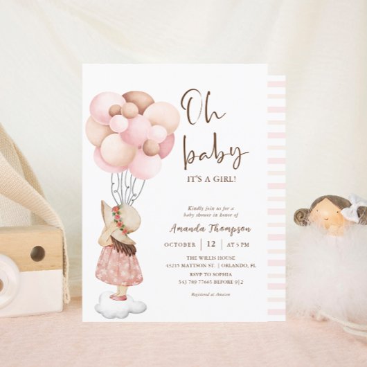 女水彩赤ちゃんシャワー飛んでいる風船 招待状
