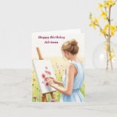 女流作家絵を描の花をフィールド誕生日 カード (黄色い花)