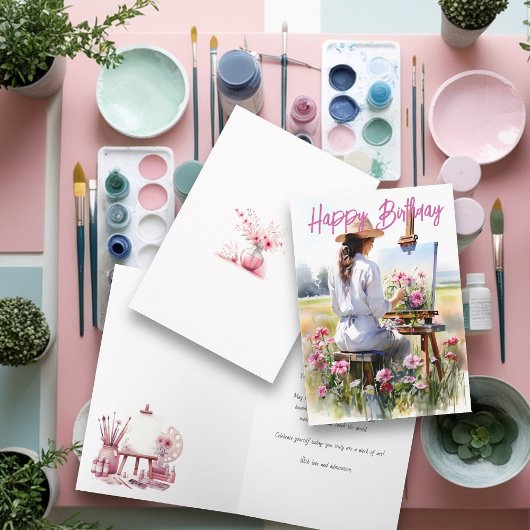 女流作家絵を描の花をフィールド誕生日 カード