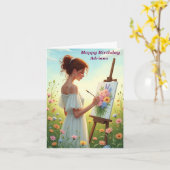 女流作家絵を描の花をフィールド誕生日 カード (黄色い花)