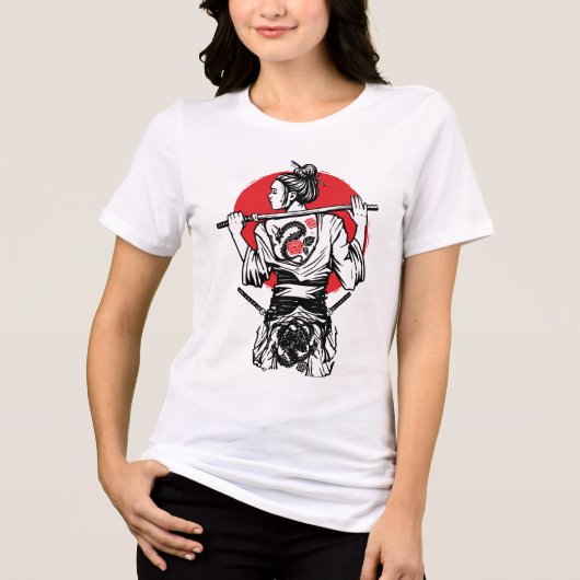 女流武士 戦士 – ドラゴン ローズ タトゥー 日本 トライブレンドTシャツ (正面)