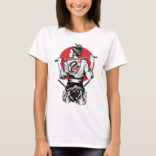 女流武士 戦士 – ドラゴン ローズ タトゥー 日本 Tシャツ (正面)