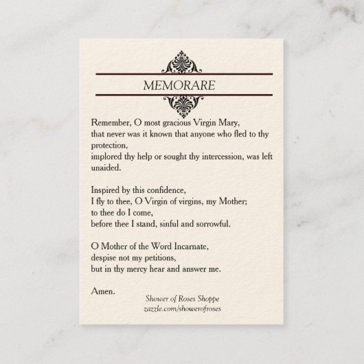 女王によって聖母マリア賛美されるMemorare神聖なカード 名刺 (裏面)