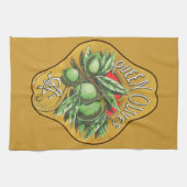 女王のオリーブのヴィンテージの食糧木枠のラベル キッチンタオル (横)