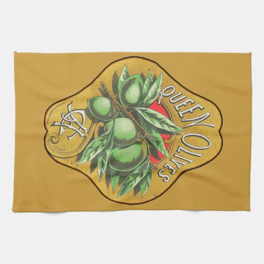 女王のオリーブのヴィンテージの食糧木枠のラベル キッチンタオル (横)