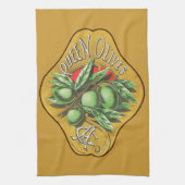 女王のオリーブのヴィンテージの食糧木枠のラベル キッチンタオル (縦)