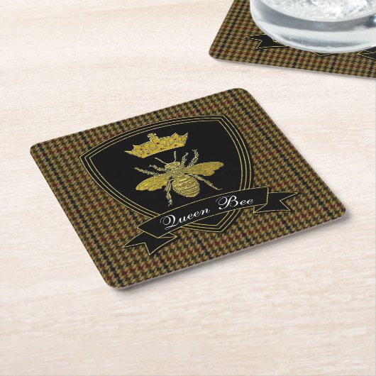 女王バチのツイードあなたの文字 スクエアペーパーコースター (アングル)
