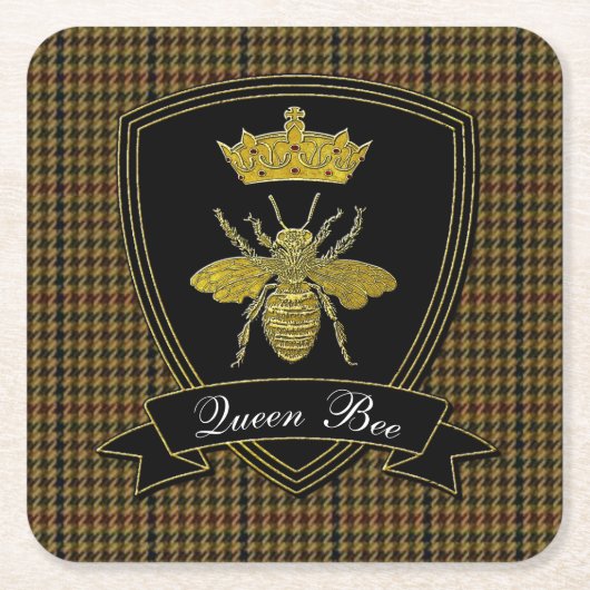女王バチのツイードあなたの文字 スクエアペーパーコースター (正面)