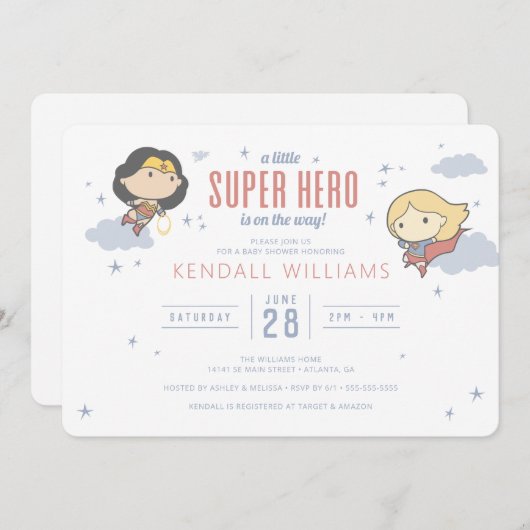 女疑問に思とスーパーガール |ヒーロすごいーベビーシャワー 招待状 (正面/裏面)