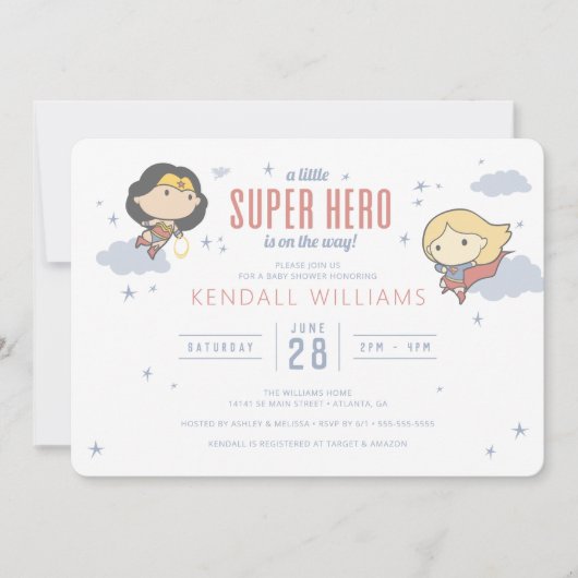 女疑問に思とスーパーガール |ヒーロすごいーベビーシャワー 招待状 (正面)