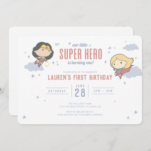 女疑問に思とスーパーガール |ヒーローすごい誕生日 招待状 (正面/裏面)