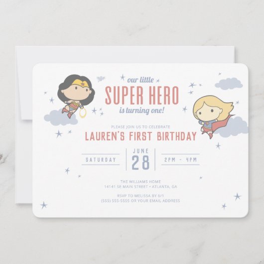 女疑問に思とスーパーガール |ヒーローすごい誕生日 招待状 (正面)