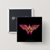 女疑問に思のカラフルピンクと黄色のロゴ 缶バッジ (正面&裏面)