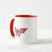 女疑問に思人とレトロモダン漫画オーバーレイのロゴ マグカップ (正面左)