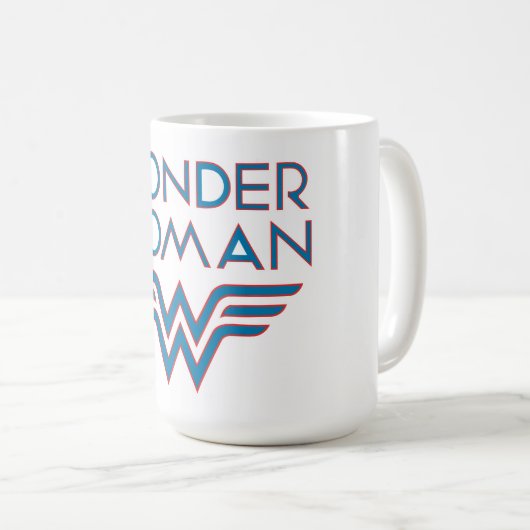 女疑問に思青と赤のレトロロゴ コーヒーマグカップ (正面右)