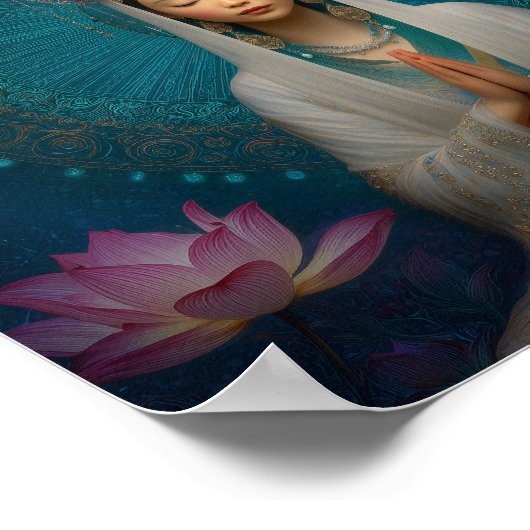 女神クアンインブルー抽象芸術幾何学的フローラ ポスター (角)