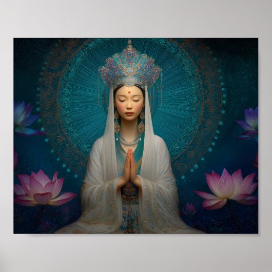 女神クアンインブルー抽象芸術幾何学的フローラ ポスター (正面)