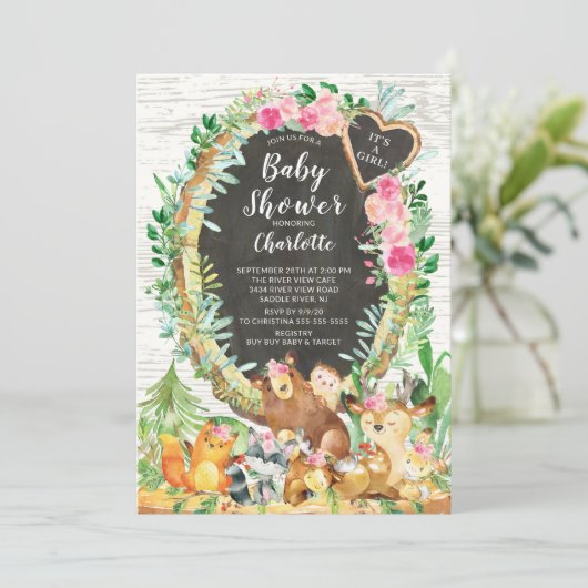 女素朴の子の森の動物の赤ちゃんシャワー 招待状 (スタンド正面)