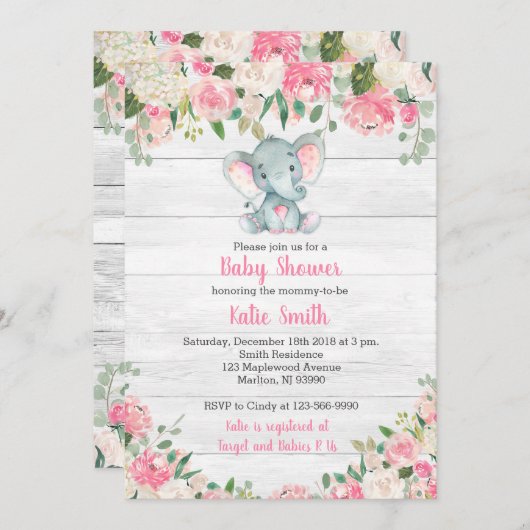 女素朴の子の象のベビーシャワー招待状 招待状 (正面/裏面)