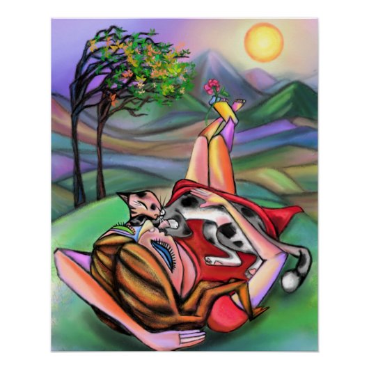 女絵画の子と猫の自然 ポスター (正面)