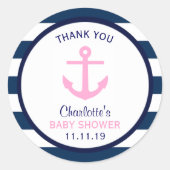 女航海のの子ピンクのネイビーブルーベビーシャワーのお願い ラウンドシール (正面)