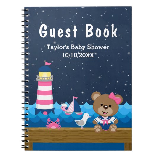 女航海のの子ベアーピンクベビーシャワーゲストブック ノートブック (正面)