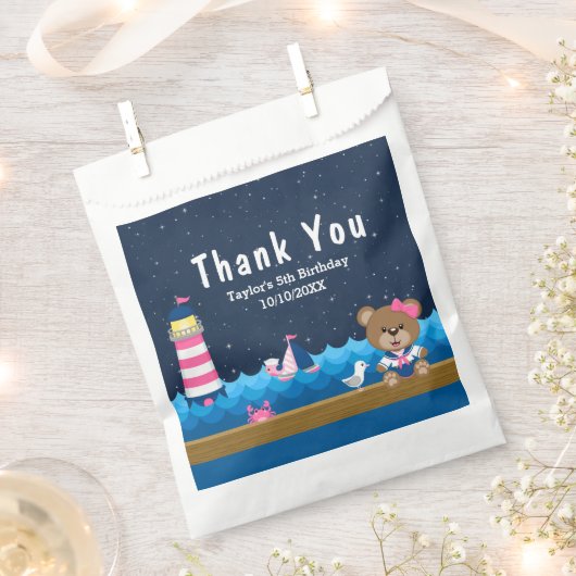 女航海のの子ベアーピンク誕生日パーティーありがとう フェイバーバッグ (クリップ留めされた状態)