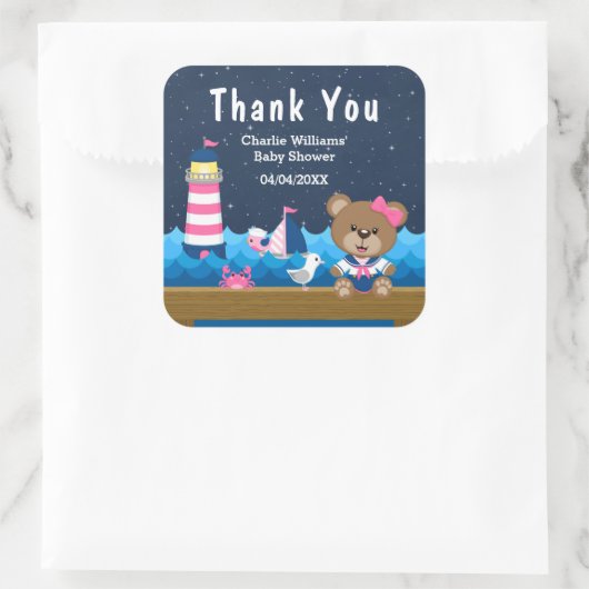 女航海のの子ベアーピンク赤ちゃんシャワーありがとう スクエアシール (バッグ)
