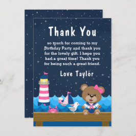 女航海の子ベアーピンクとネイビー誕生日パーティー サンキューカード