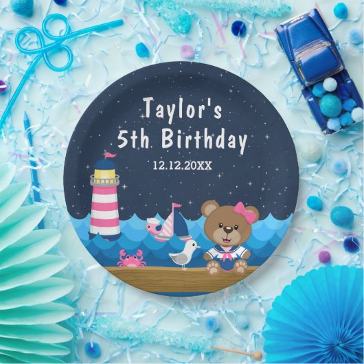 女航海の子ベアーピンクとネイビー誕生日パーティー ペーパープレート (パーティー)