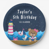 女航海の子ベアーピンクとネイビー誕生日パーティー ペーパープレート (正面)