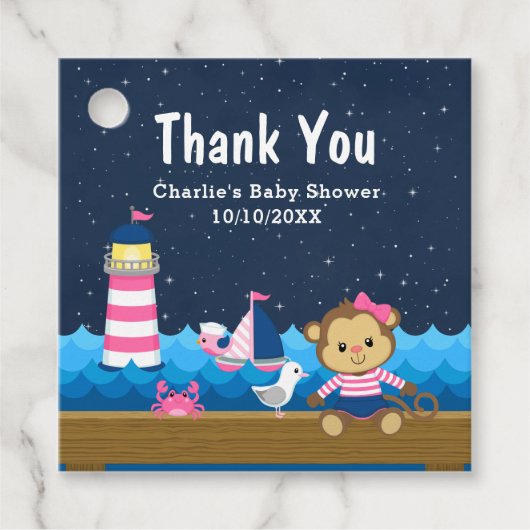 女航海の子モンキーピンク赤ちゃんシャワーありがとう フェイバータグ (正面)