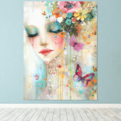 女芸術的性、花、蝶 キャンバスプリント (インサイチュ (ウッドフロア))