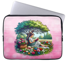 女読の子が木の下にリラックス本を ラップトップスリーブ